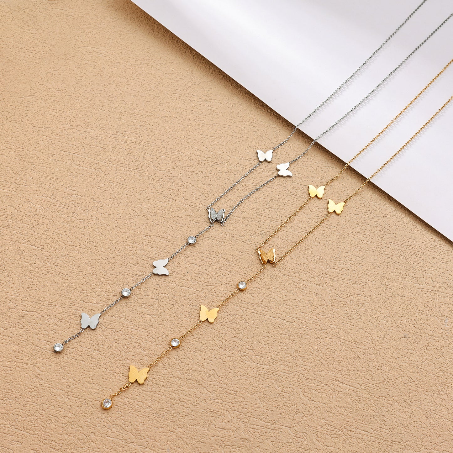 Butterfly & Diamond Necklace Set in Gold and Silver