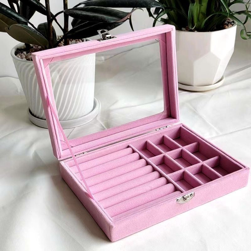 Elegant Velvet Jewelry Organizer with Glass Top