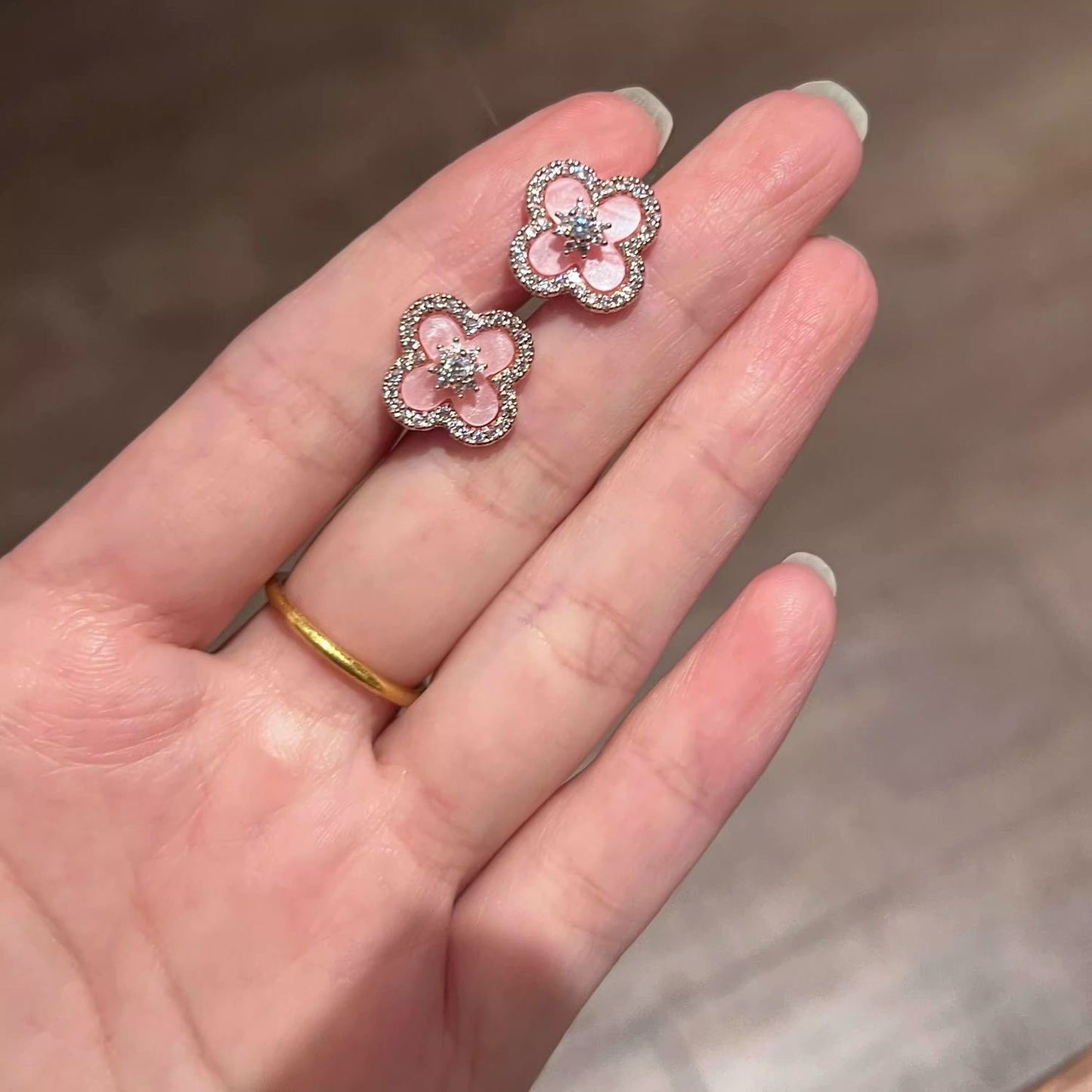 Pink Flower Stud Earrings with Crystal Accents