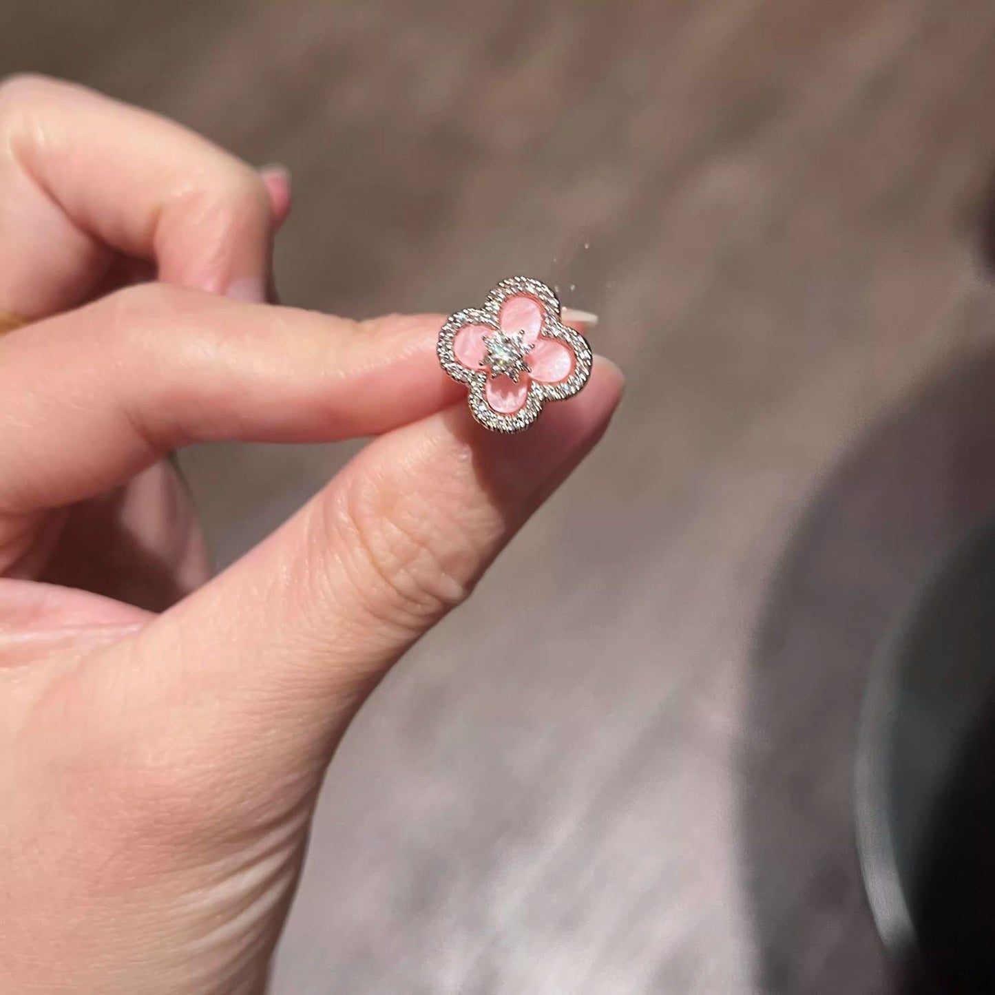 Pink Flower Stud Earrings with Crystal Accents
