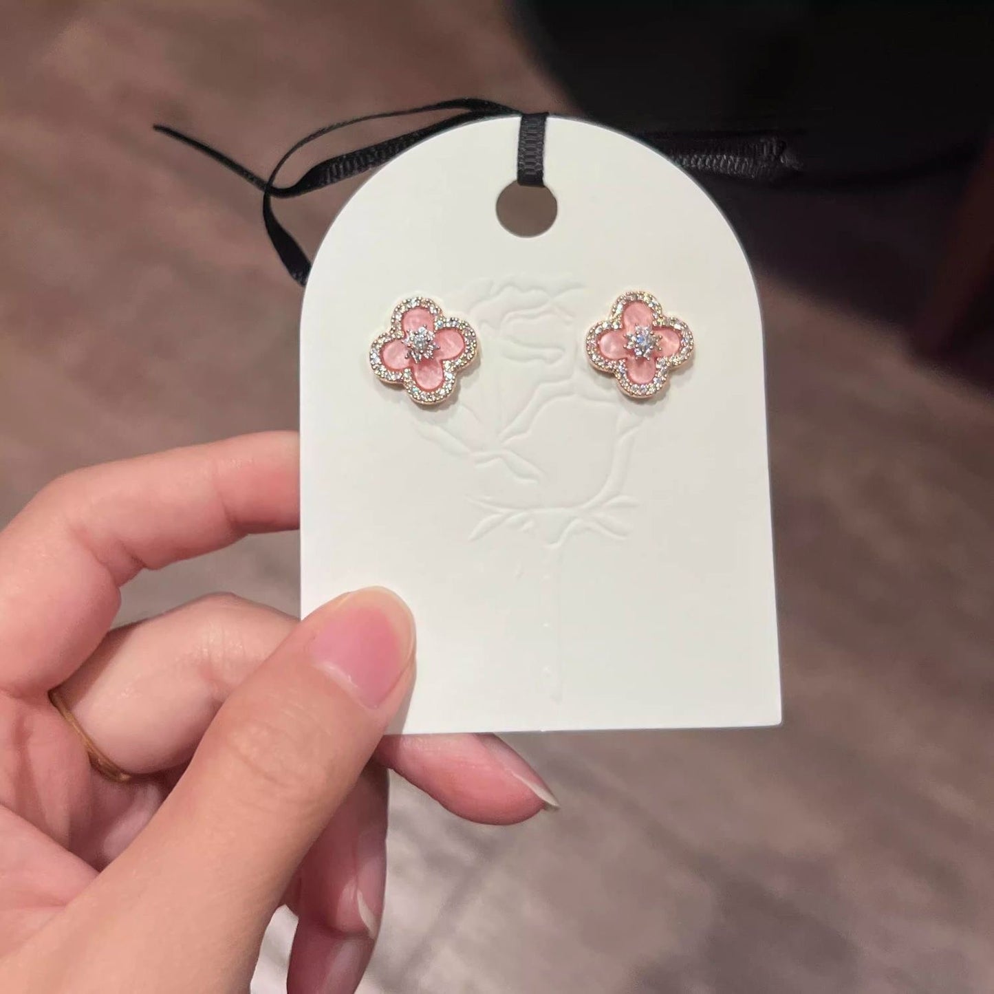 Pink Flower Stud Earrings with Crystal Accents
