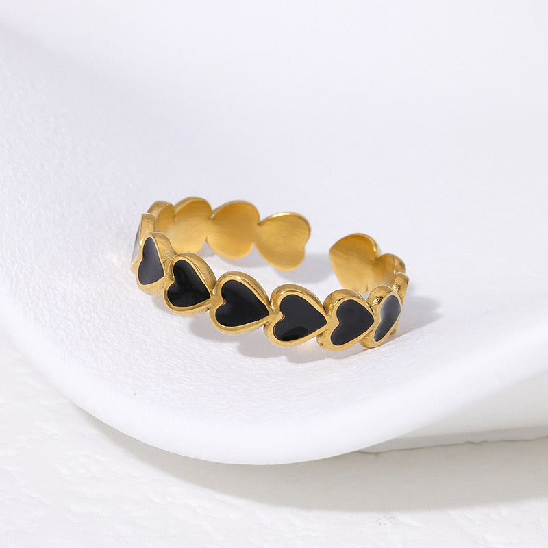 Gold and Black Enamel Heart Link Ring
