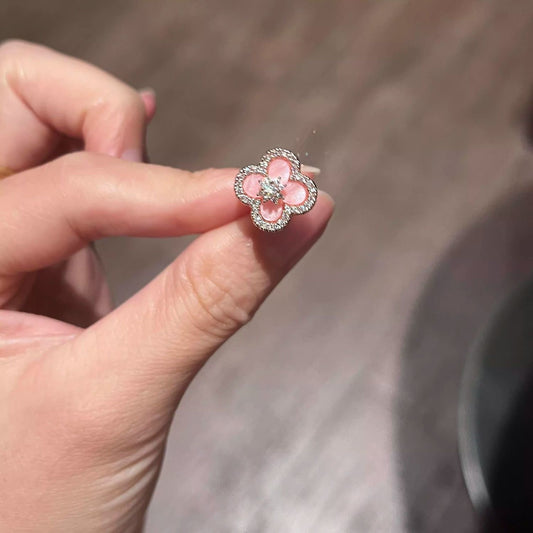 Pink Flower Stud Earrings with Crystal Accents