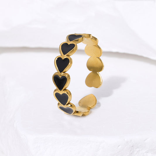 Gold and Black Enamel Heart Link Ring